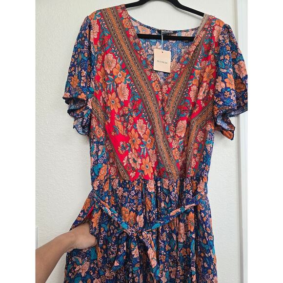 NWT Bloomchic Plus Sz 22-24 Bandana V-neck Pocket Belted Flutter Hem Maxi Boho - Picture 7 of 13